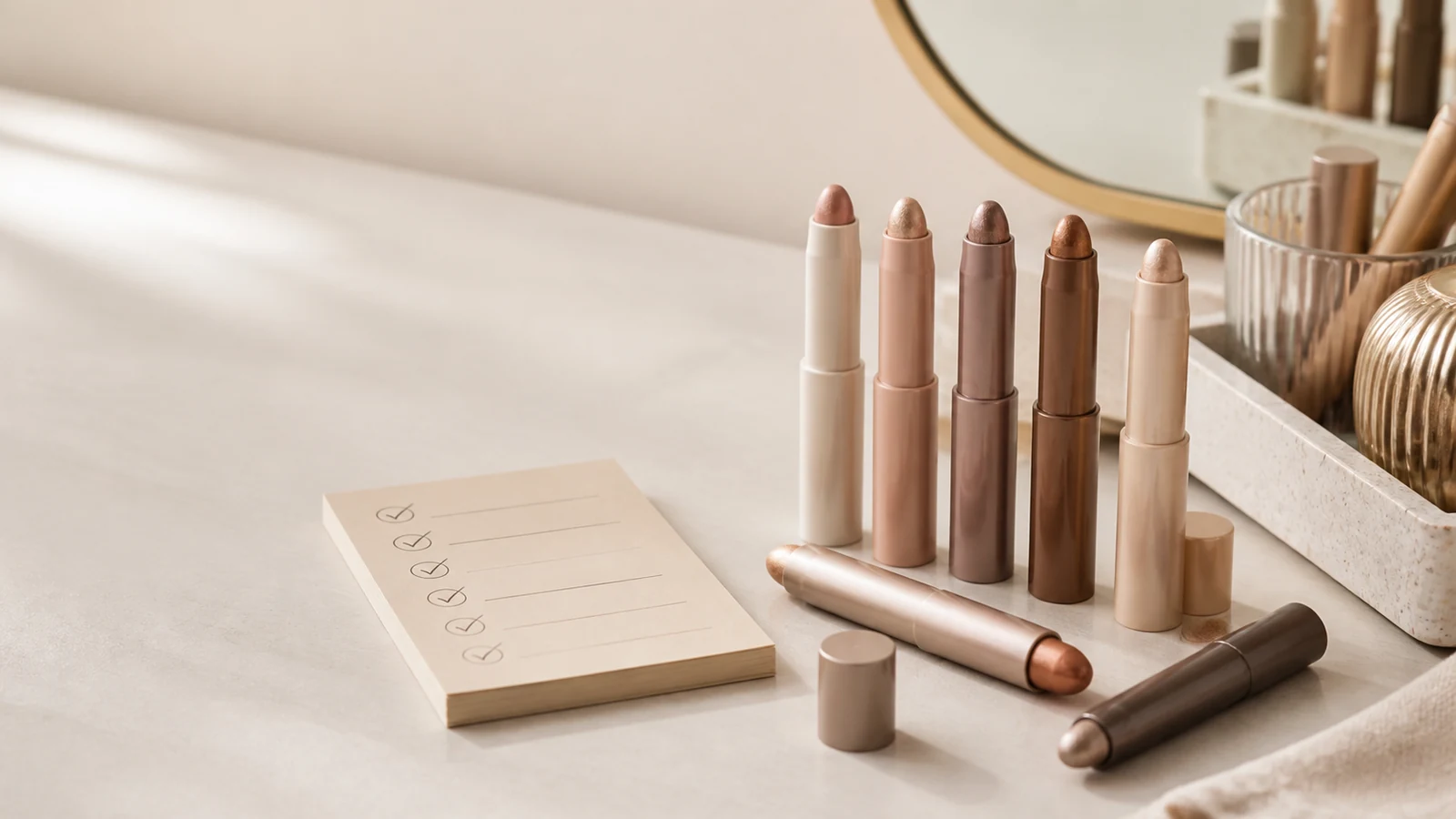 Cream eyeshadow sticks arranged beside a buyer checklist on a dressing table.
