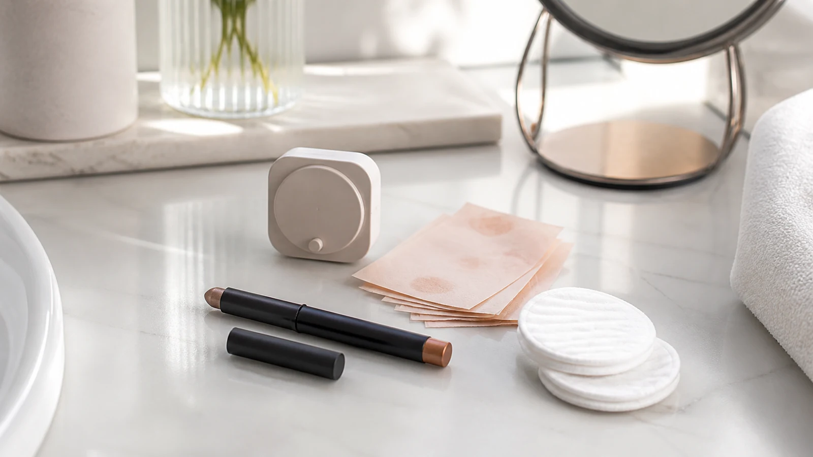 Eyeshadow stick wear-test setup with blotting paper, timer and cotton pads.