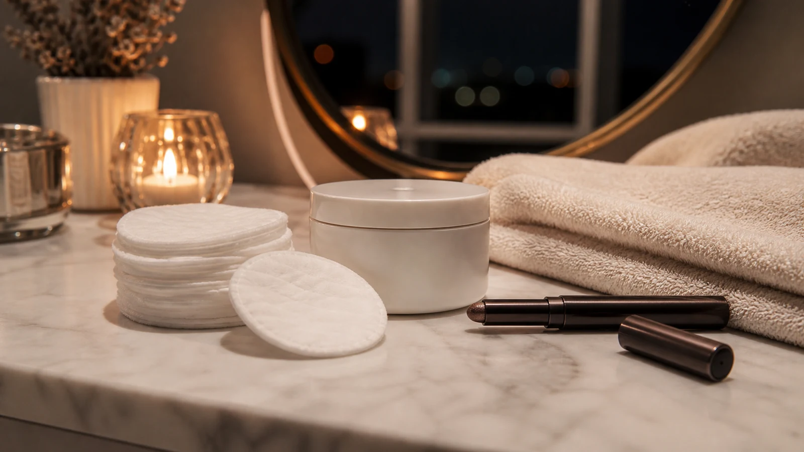 Cotton pads and cleansing balm arranged for gentle waterproof eyeshadow removal.