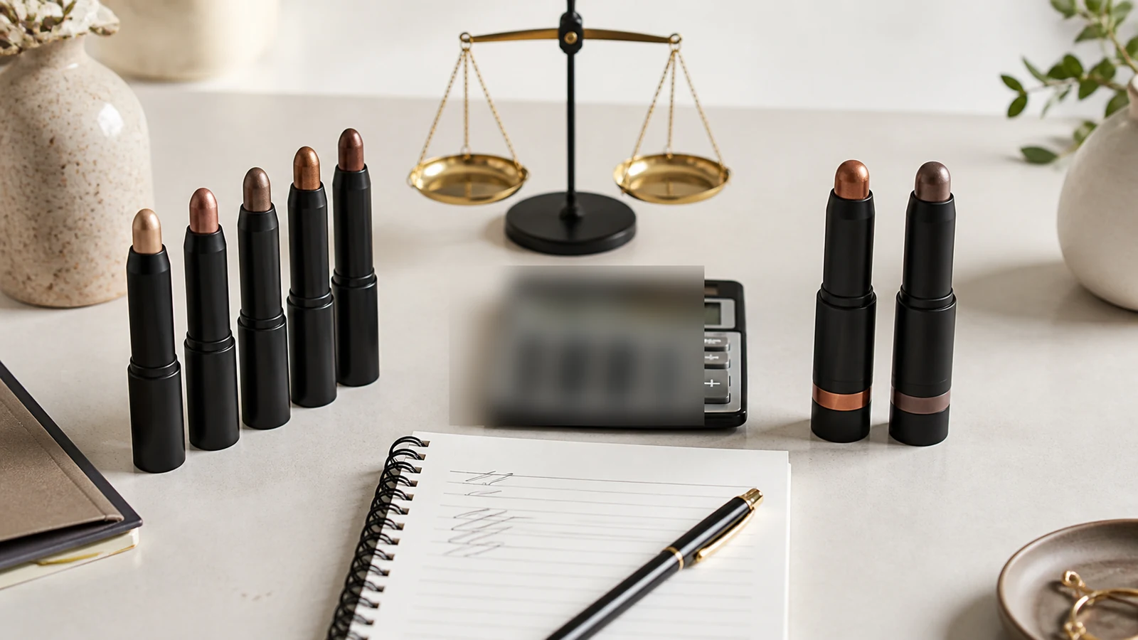 Unbranded eyeshadow sticks compared with a calculator and notes for value checks.
