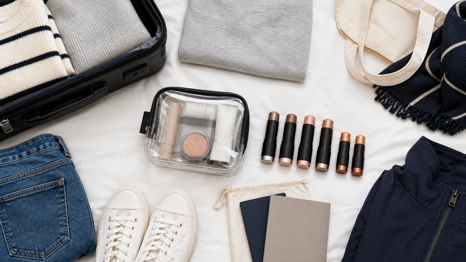 Travel makeup sticks packed beside a transparent toiletry bag for hand luggage.
